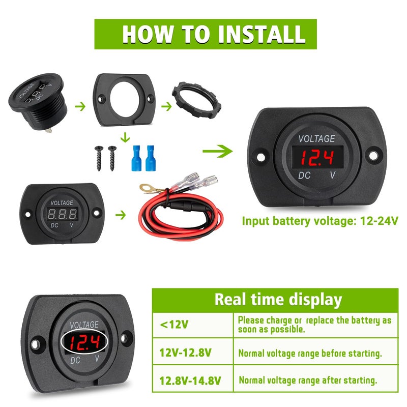 EPLZON 2 Pack DC 12V 24V Waterproof Car Voltmeter with Red LED Digital Display Panel and Mounting Plate Round Voltage Gauge Meter with Terminal for Boat Marine Motorcycle Truck(Red Light) - Image 3